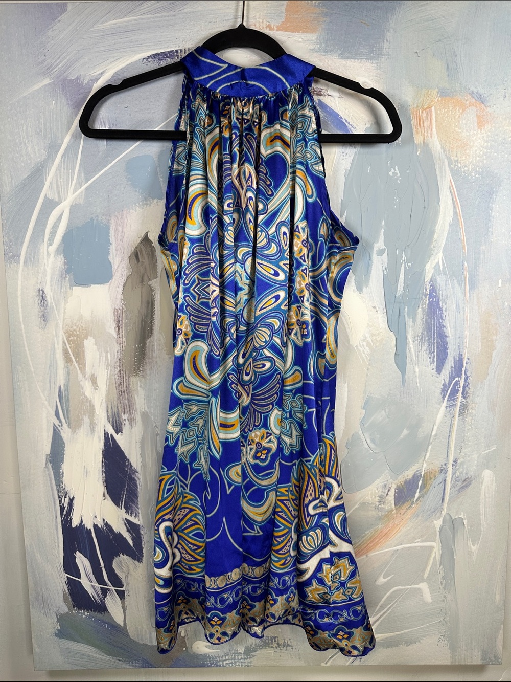 Classique Blue Paisley Halter Mini Scarf Dress Boho Vacation Y2K One size M